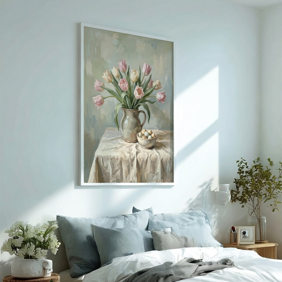 Poster featuring a bouquet of pink tulips in a ceramic pitcher with eggs