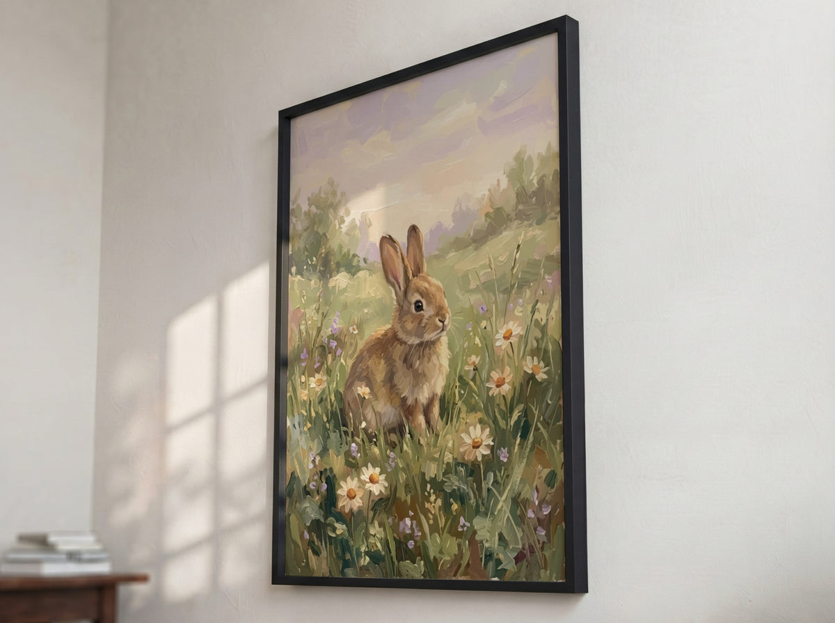 Easter bunny poster featuring a brown rabbit sitting in a field of daisies.