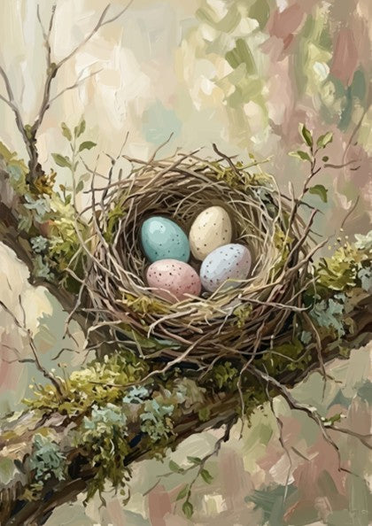 Poster featuring a bird nest with speckled pastel eggs nestled in mossy branches