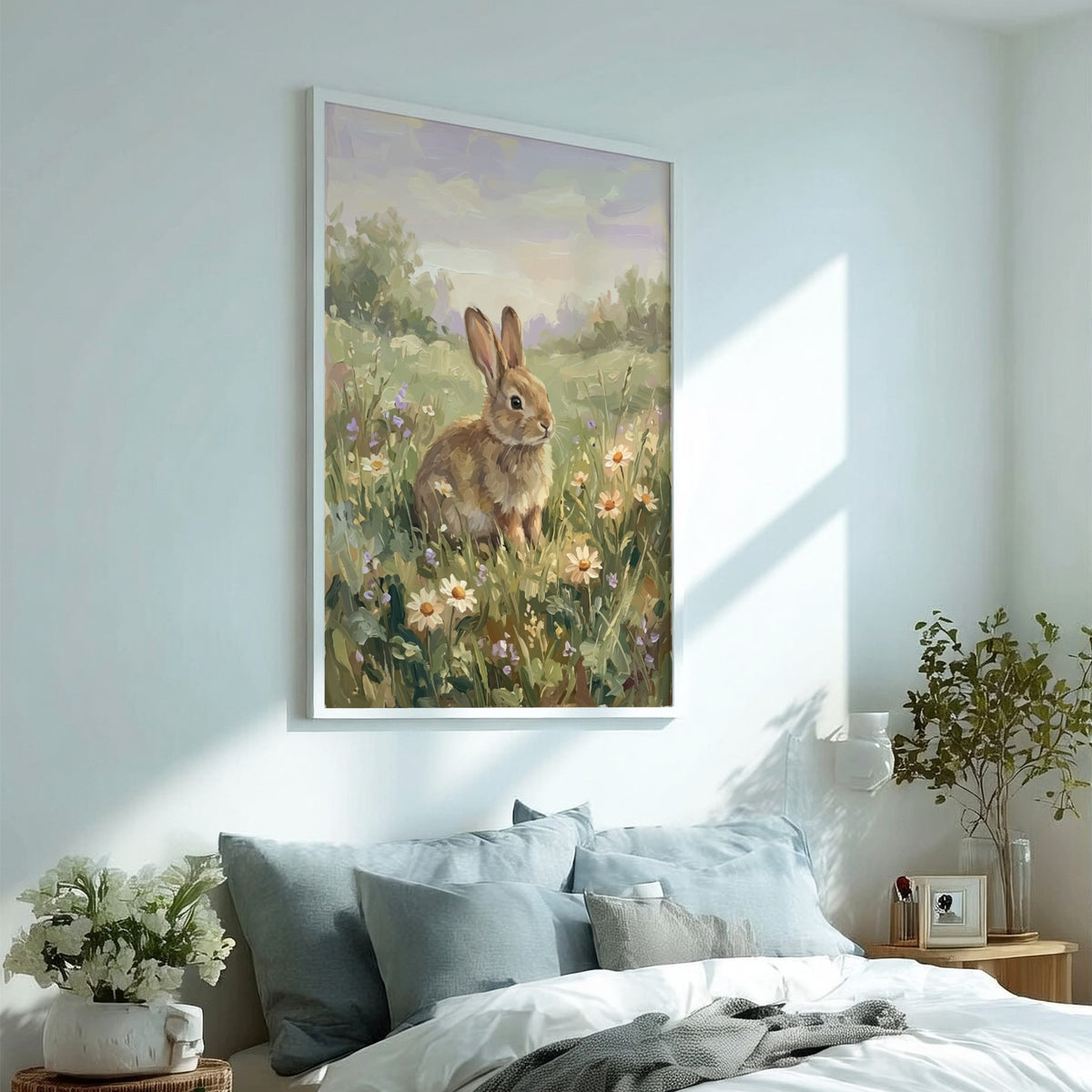 Easter bunny poster featuring a brown rabbit sitting in a field of daisies.