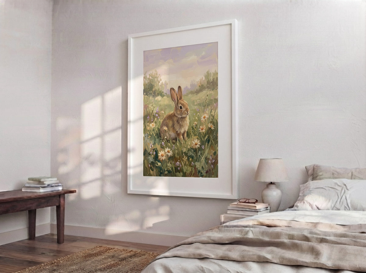 Easter bunny poster featuring a brown rabbit sitting in a field of daisies.