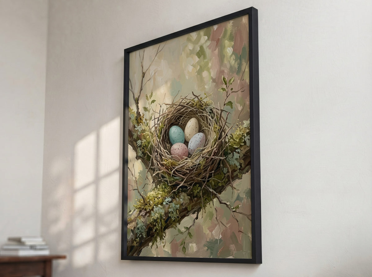 Poster featuring a bird nest with speckled pastel eggs nestled in mossy branches