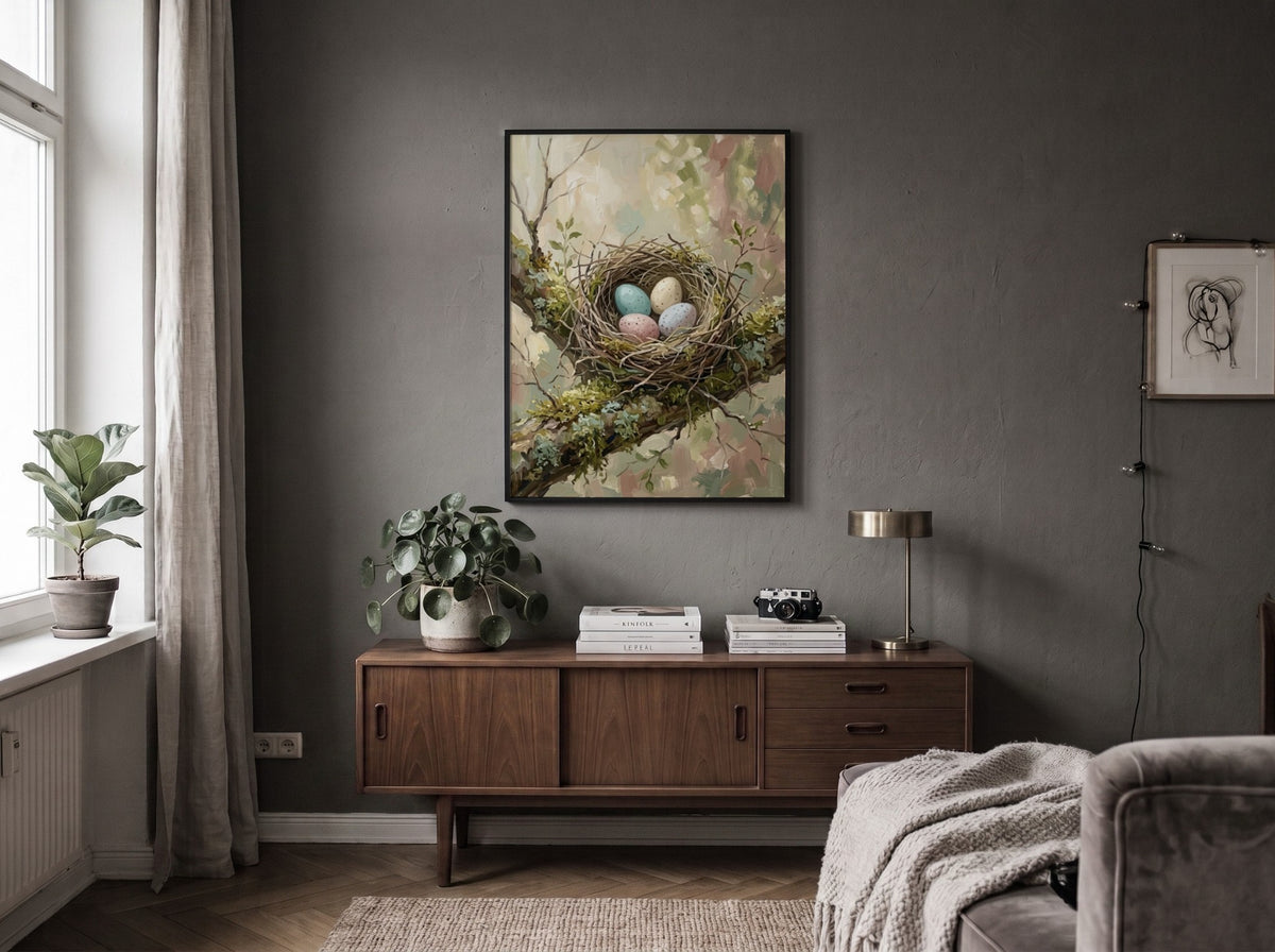 Poster featuring a bird nest with speckled pastel eggs nestled in mossy branches