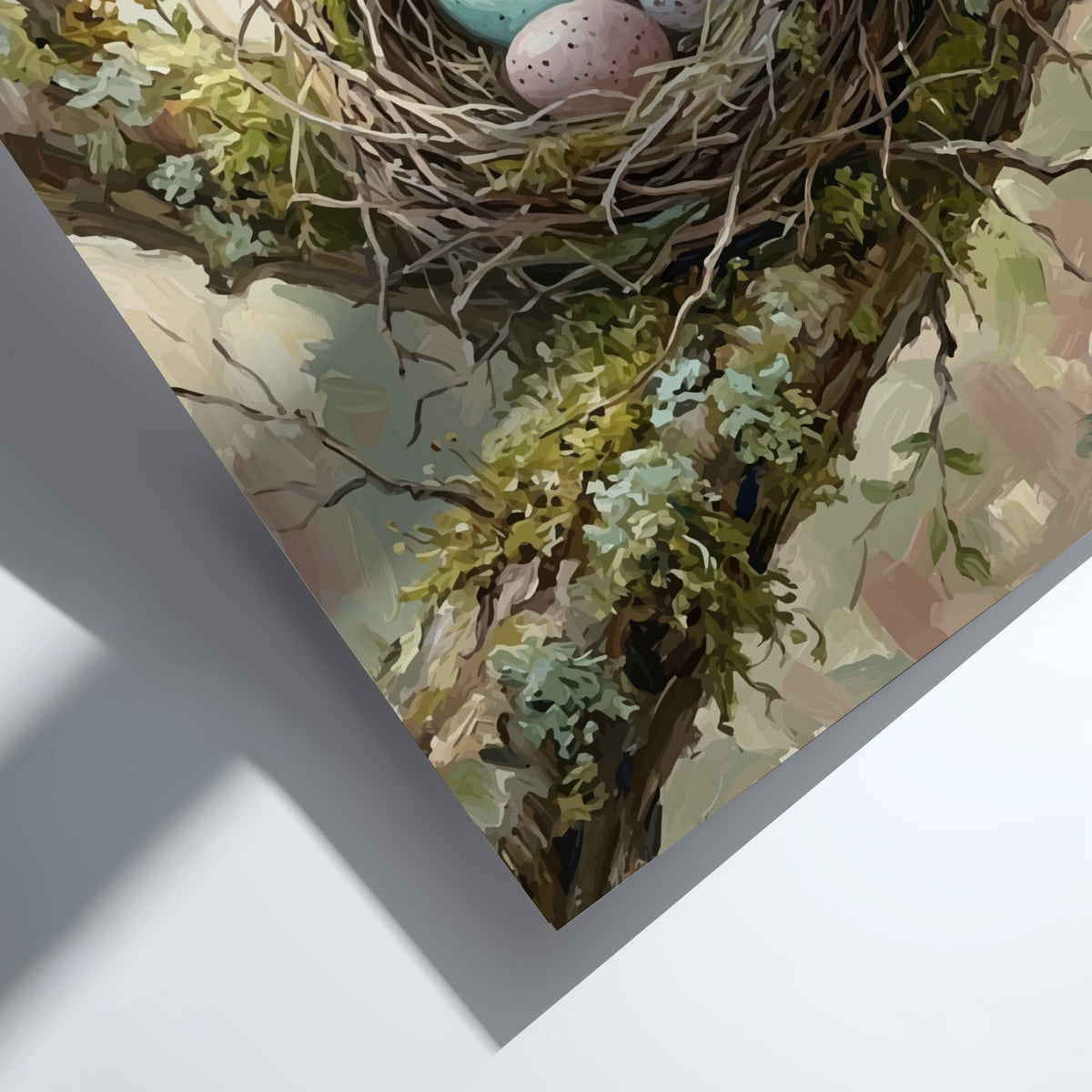 Poster featuring a bird nest with speckled pastel eggs nestled in mossy branches