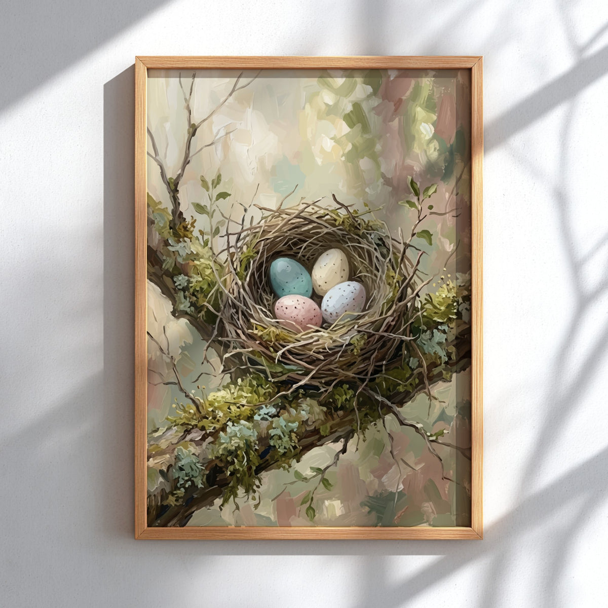 Poster featuring a bird nest with speckled pastel eggs nestled in mossy branches