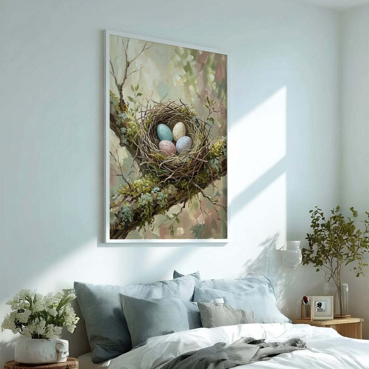 Poster featuring a bird nest with speckled pastel eggs nestled in mossy branches