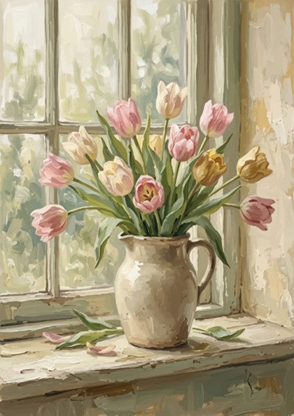 Poster featuring soft pastel tulips in a cream pitcher on a rustic wooden windowsill