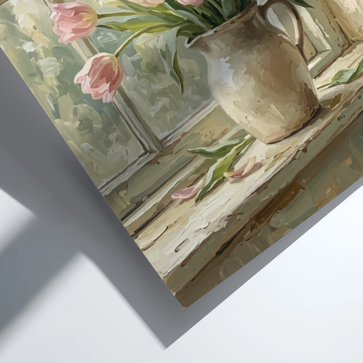 Poster featuring soft pastel tulips in a cream pitcher on a rustic wooden windowsill