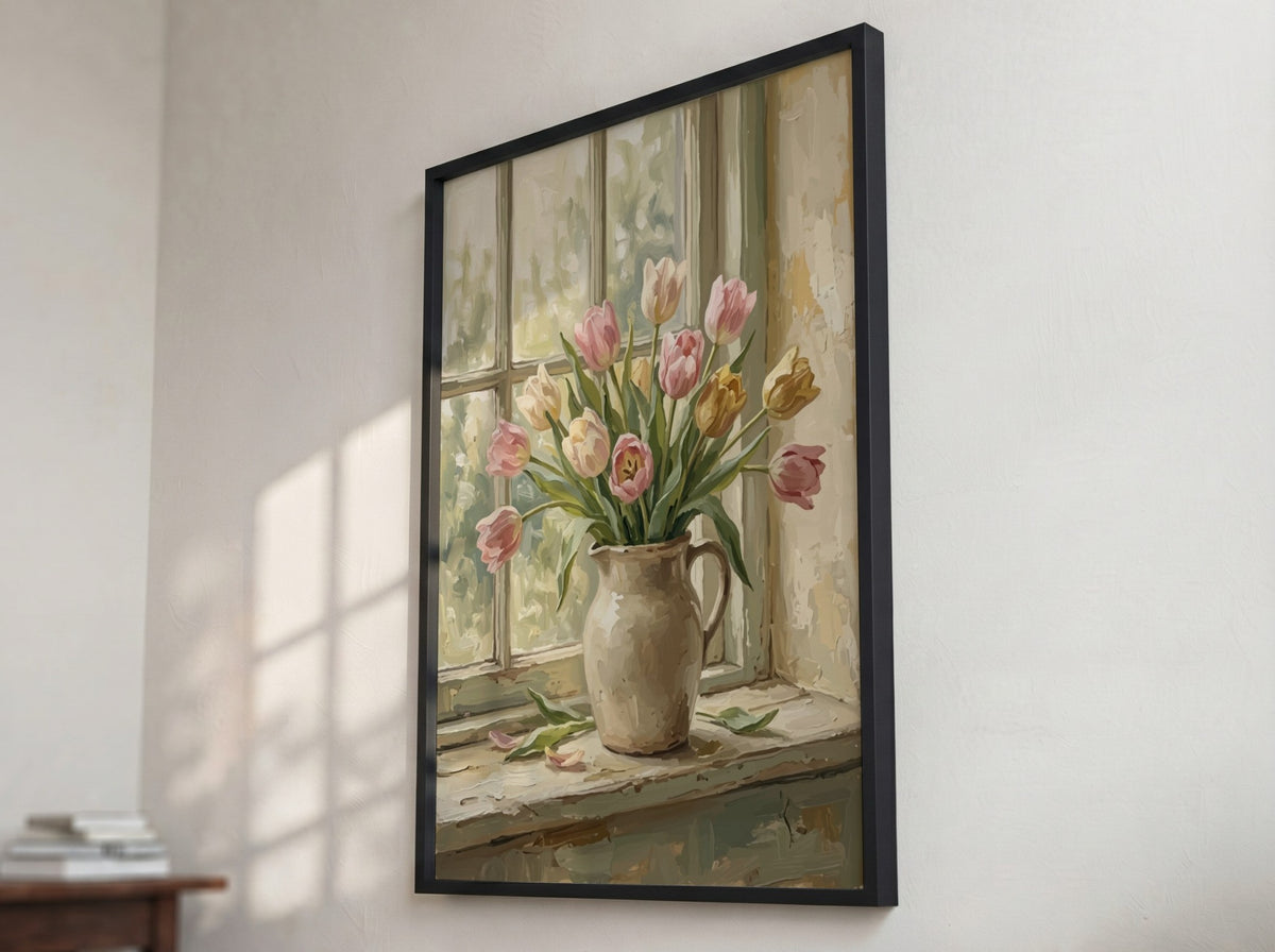 Poster featuring soft pastel tulips in a cream pitcher on a rustic wooden windowsill