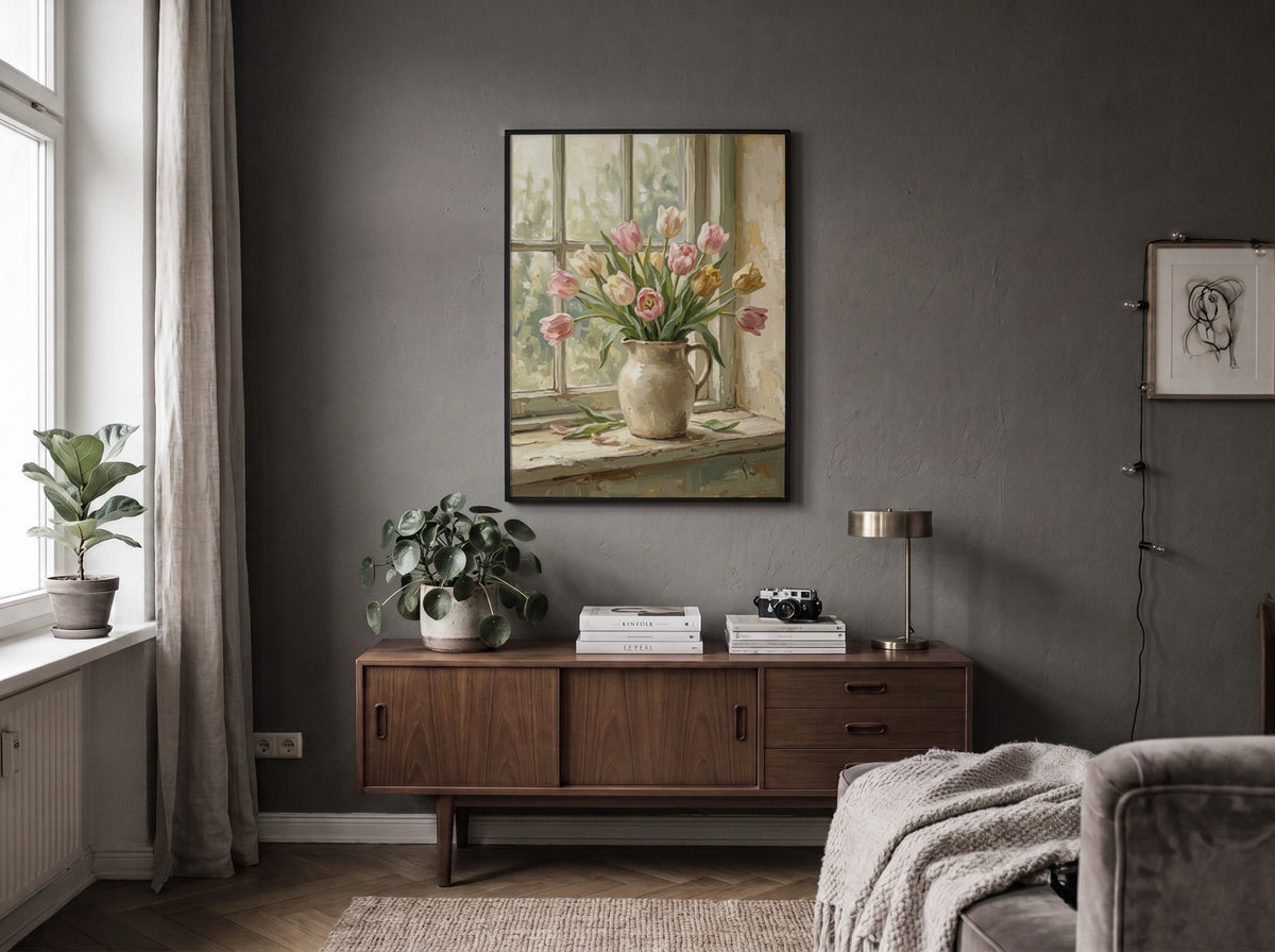 Poster featuring soft pastel tulips in a cream pitcher on a rustic wooden windowsill