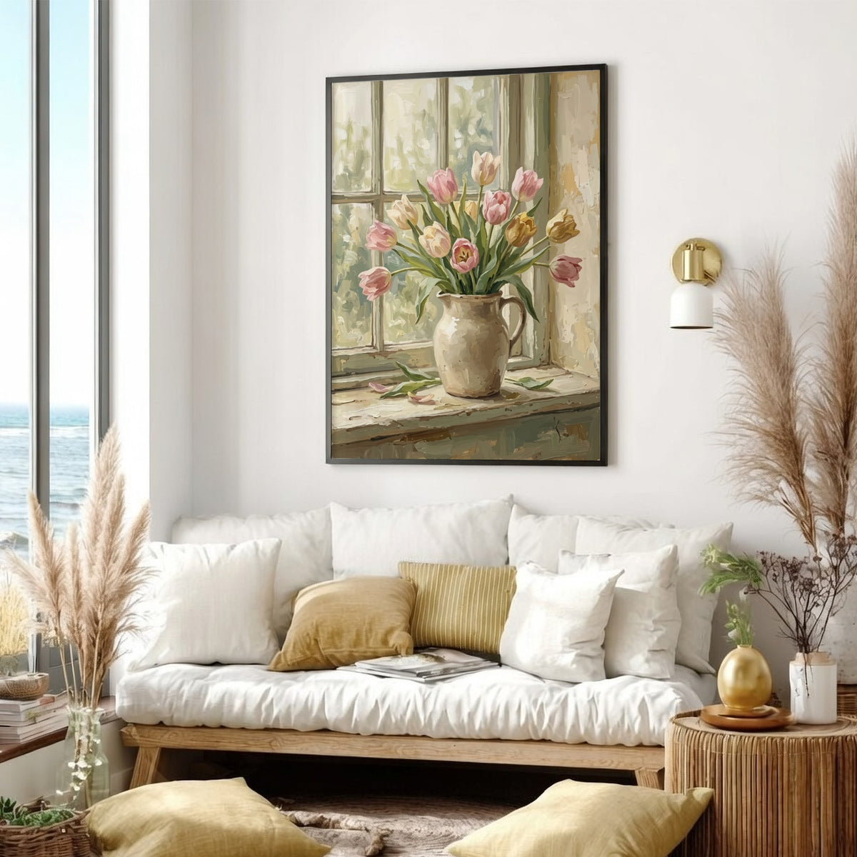 Poster featuring soft pastel tulips in a cream pitcher on a rustic wooden windowsill