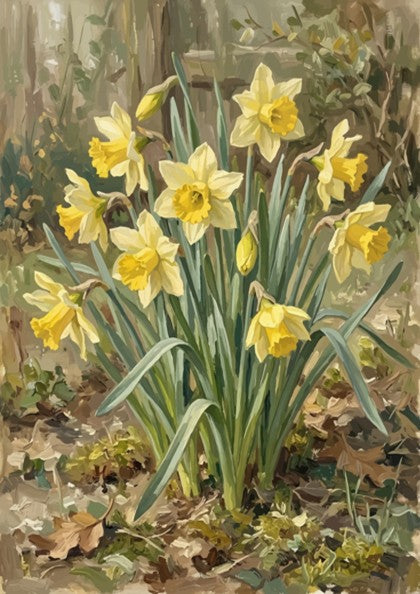 Poster featuring a cluster of yellow daffodils with green leaves on a textured background
