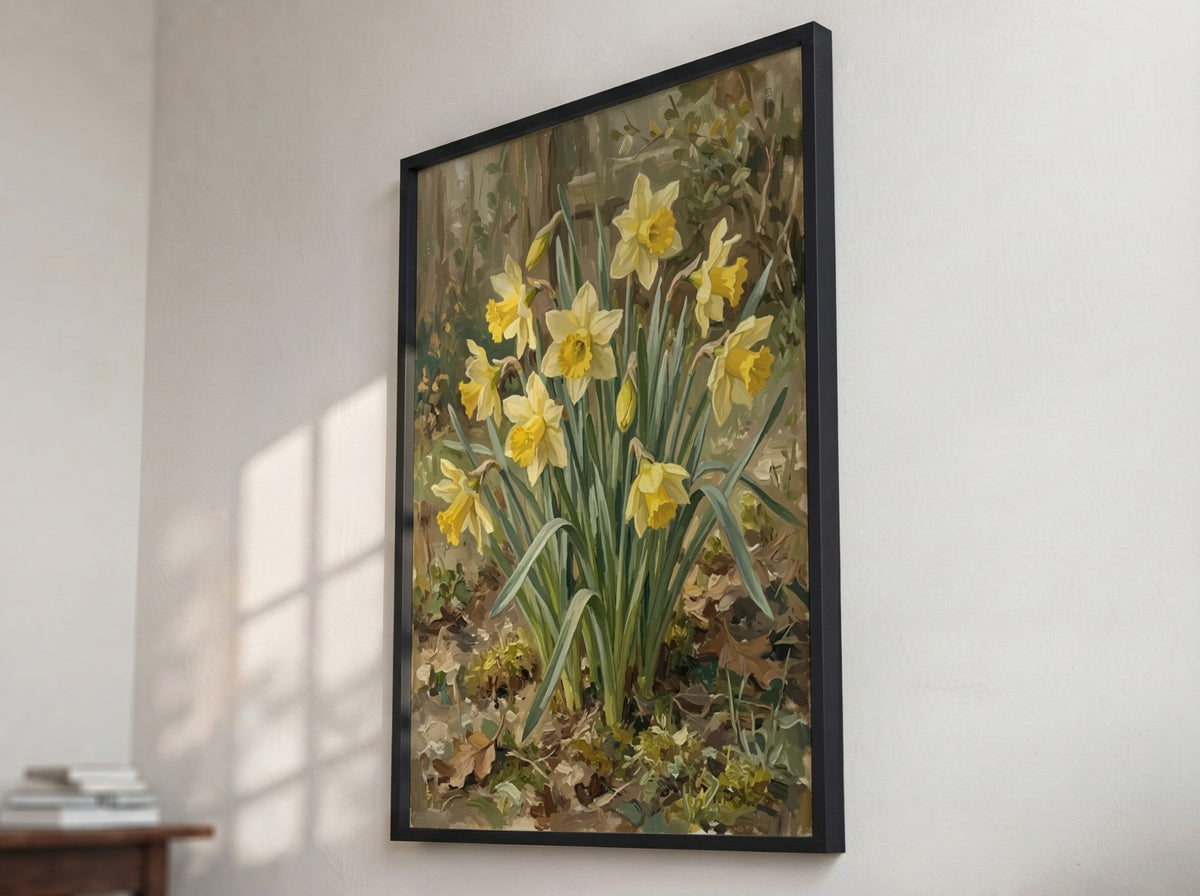 Poster featuring a cluster of yellow daffodils with green leaves on a textured background
