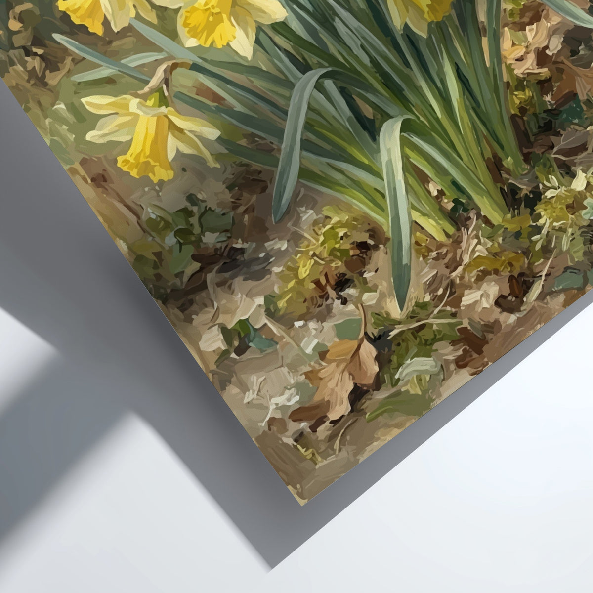 Poster featuring a cluster of yellow daffodils with green leaves on a textured background