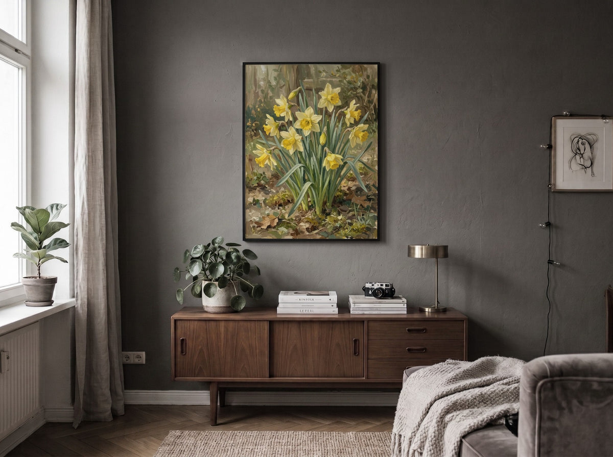 Poster featuring a cluster of yellow daffodils with green leaves on a textured background