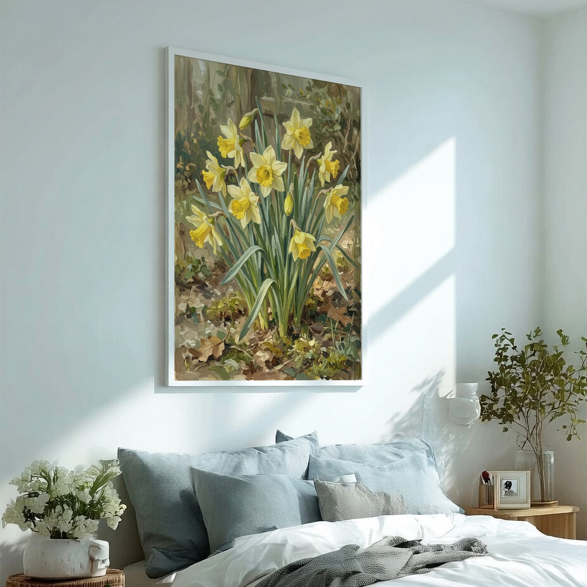Poster featuring a cluster of yellow daffodils with green leaves on a textured background