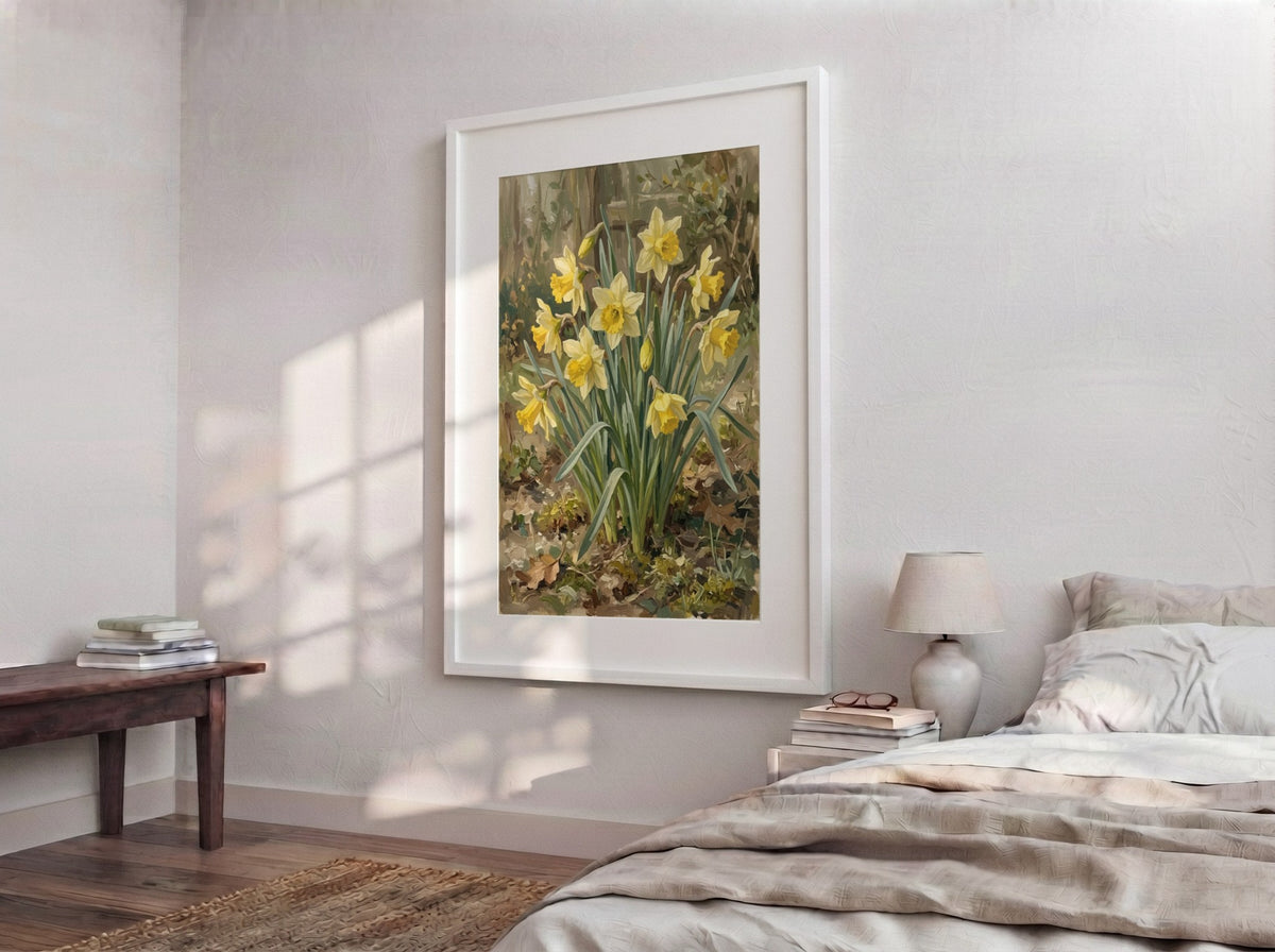 Poster featuring a cluster of yellow daffodils with green leaves on a textured background