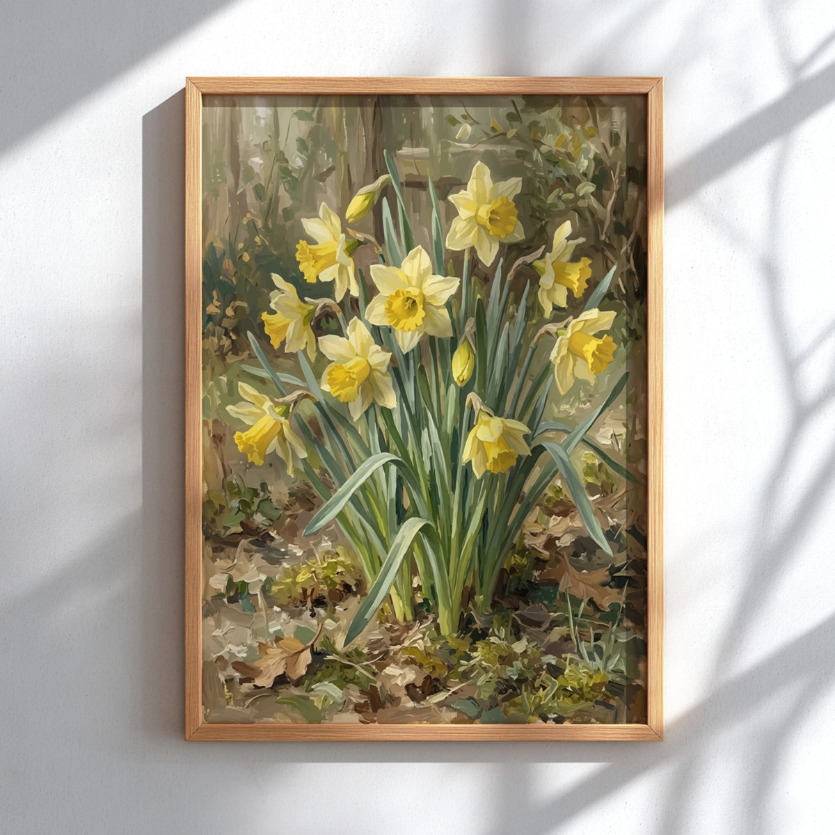 Poster featuring a cluster of yellow daffodils with green leaves on a textured background