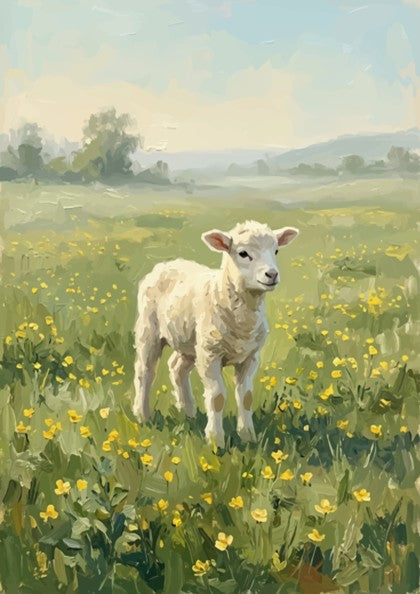 Poster featuring an impressionist painting of a white lamb in a yellow flower meadow