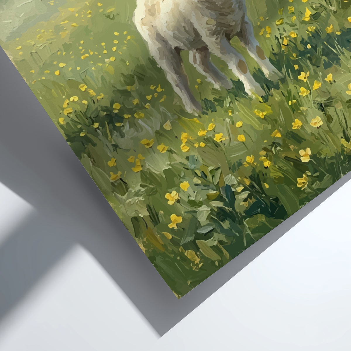Poster featuring an impressionist painting of a white lamb in a yellow flower meadow