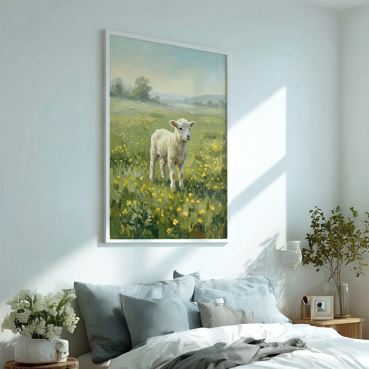 Poster featuring an impressionist painting of a white lamb in a yellow flower meadow
