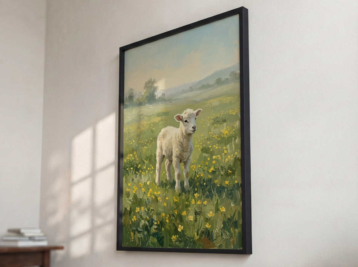 Poster featuring an impressionist painting of a white lamb in a yellow flower meadow