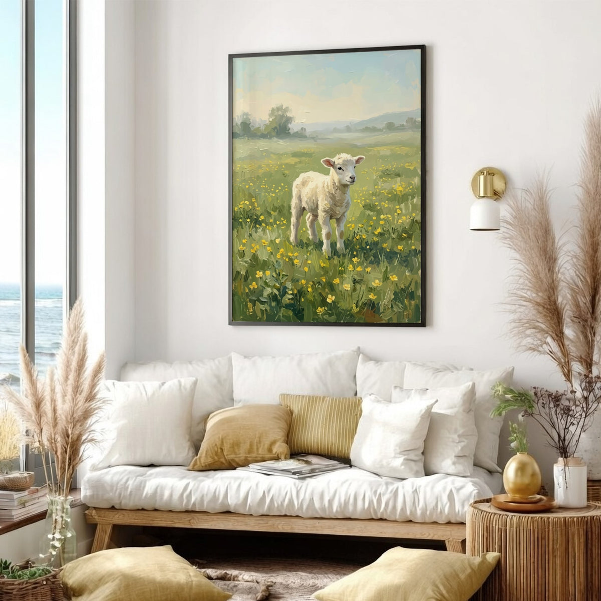 Poster featuring an impressionist painting of a white lamb in a yellow flower meadow