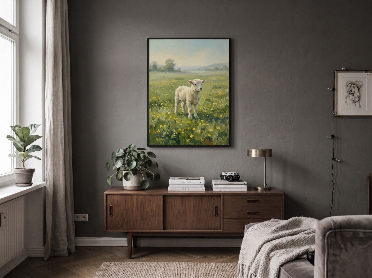 Poster featuring an impressionist painting of a white lamb in a yellow flower meadow