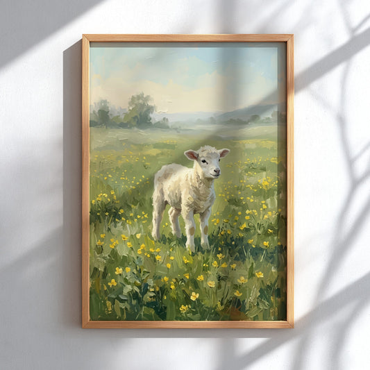 Poster featuring an impressionist painting of a white lamb in a yellow flower meadow