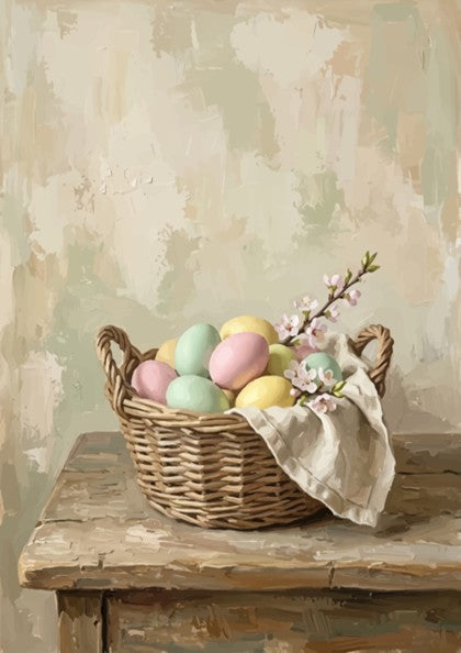 Poster of pastel Easter eggs in a rustic basket with blossoms on wooden table