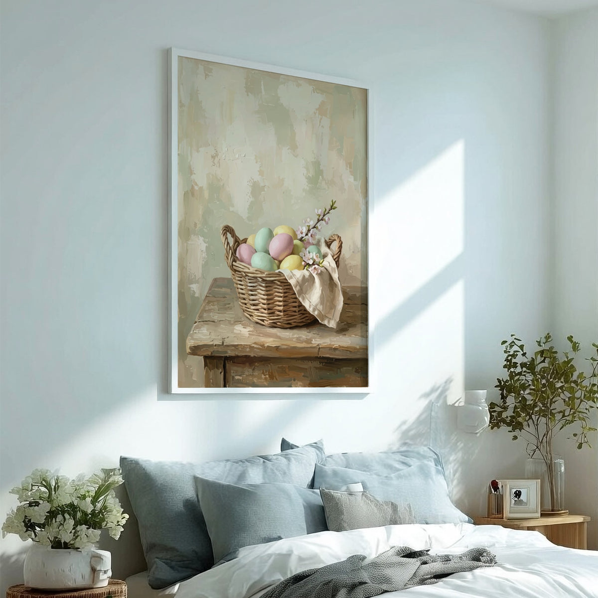Poster of pastel Easter eggs in a rustic basket with blossoms on wooden table
