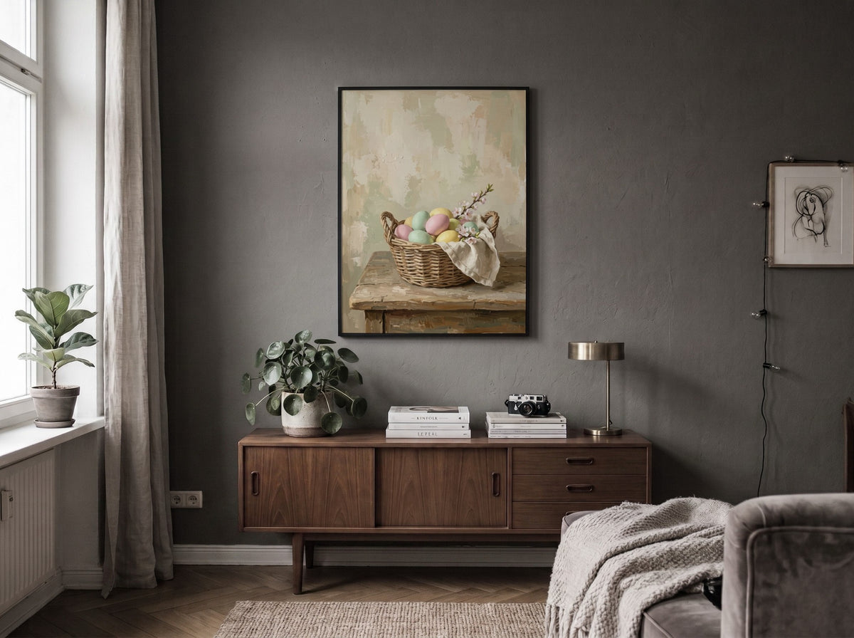Poster of pastel Easter eggs in a rustic basket with blossoms on wooden table