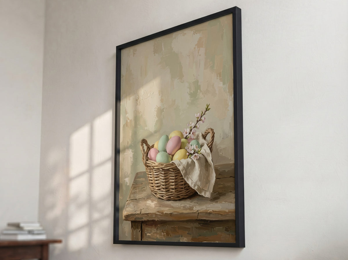 Poster of pastel Easter eggs in a rustic basket with blossoms on wooden table