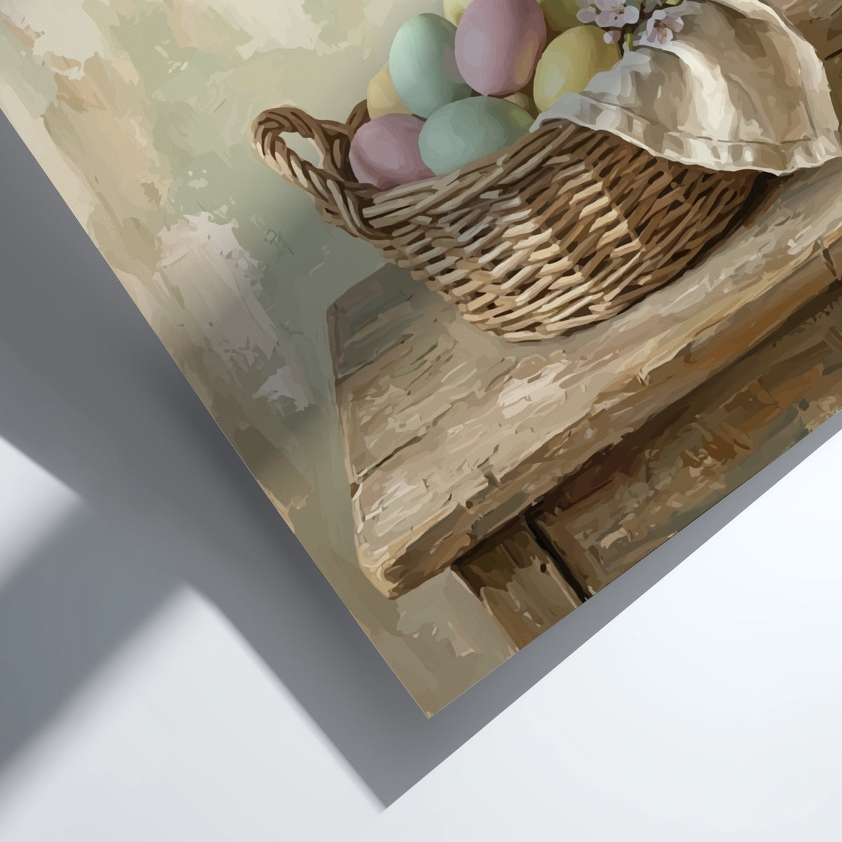 Poster of pastel Easter eggs in a rustic basket with blossoms on wooden table
