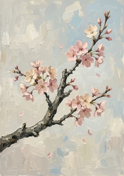 Cherry blossom poster featuring a textured branch with soft pink flowers on grey background.