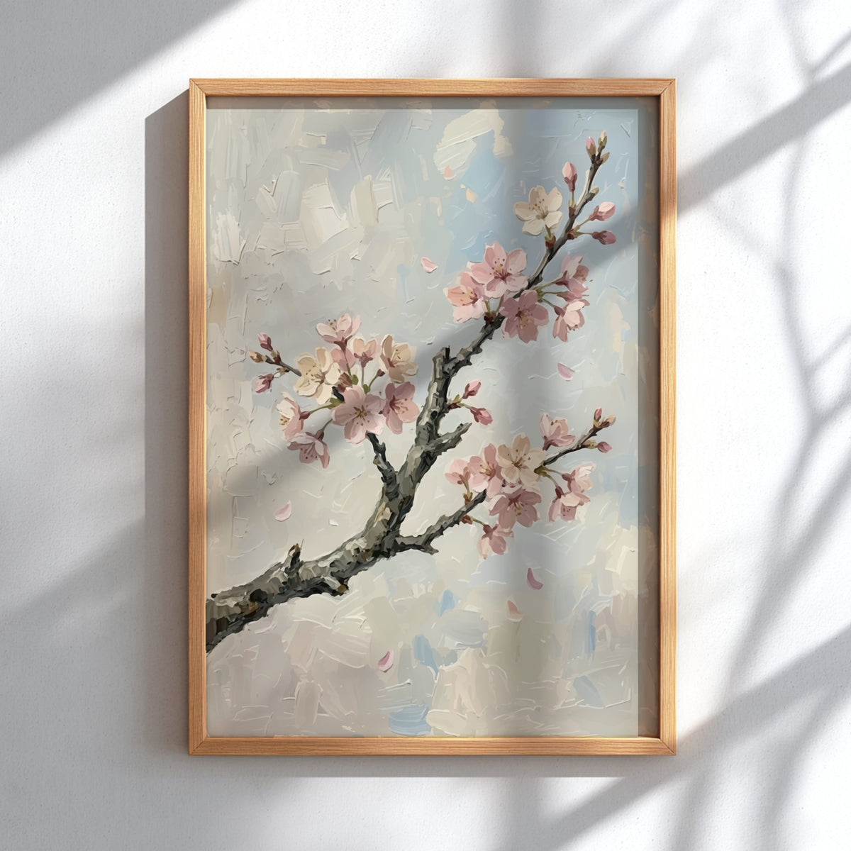 Cherry blossom poster featuring a textured branch with soft pink flowers on grey background.