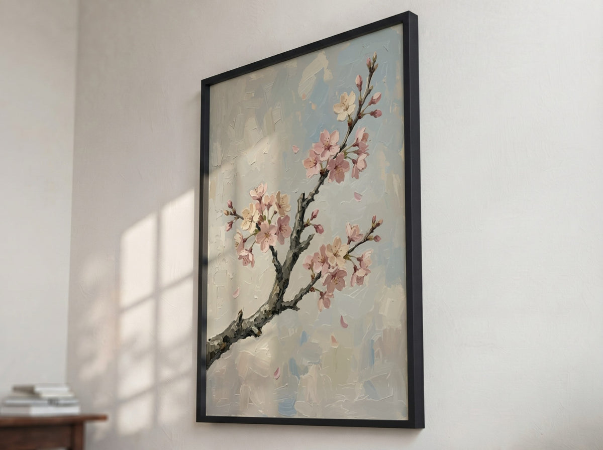 Cherry blossom poster featuring a textured branch with soft pink flowers on grey background.