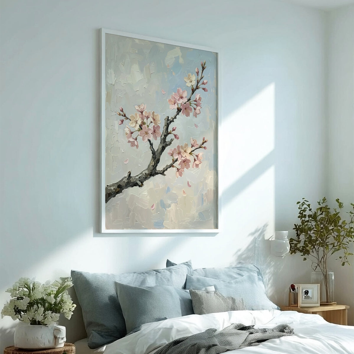 Cherry blossom poster featuring a textured branch with soft pink flowers on grey background.