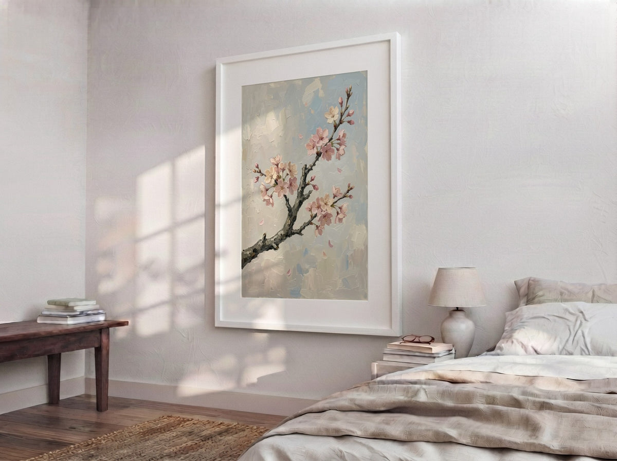 Cherry blossom poster featuring a textured branch with soft pink flowers on grey background.