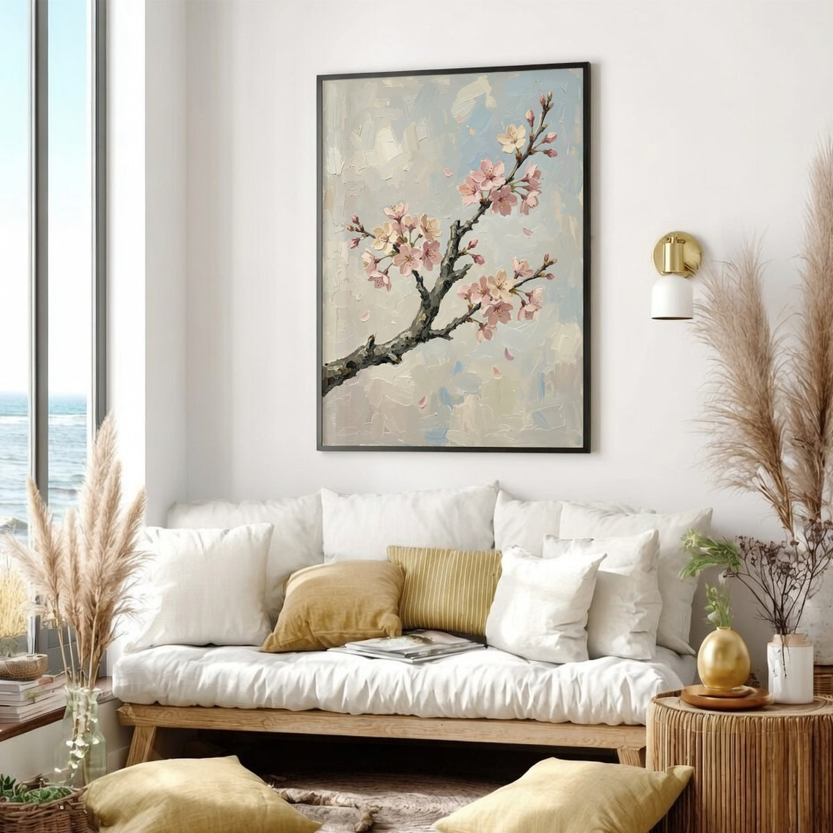 Cherry blossom poster featuring a textured branch with soft pink flowers on grey background.