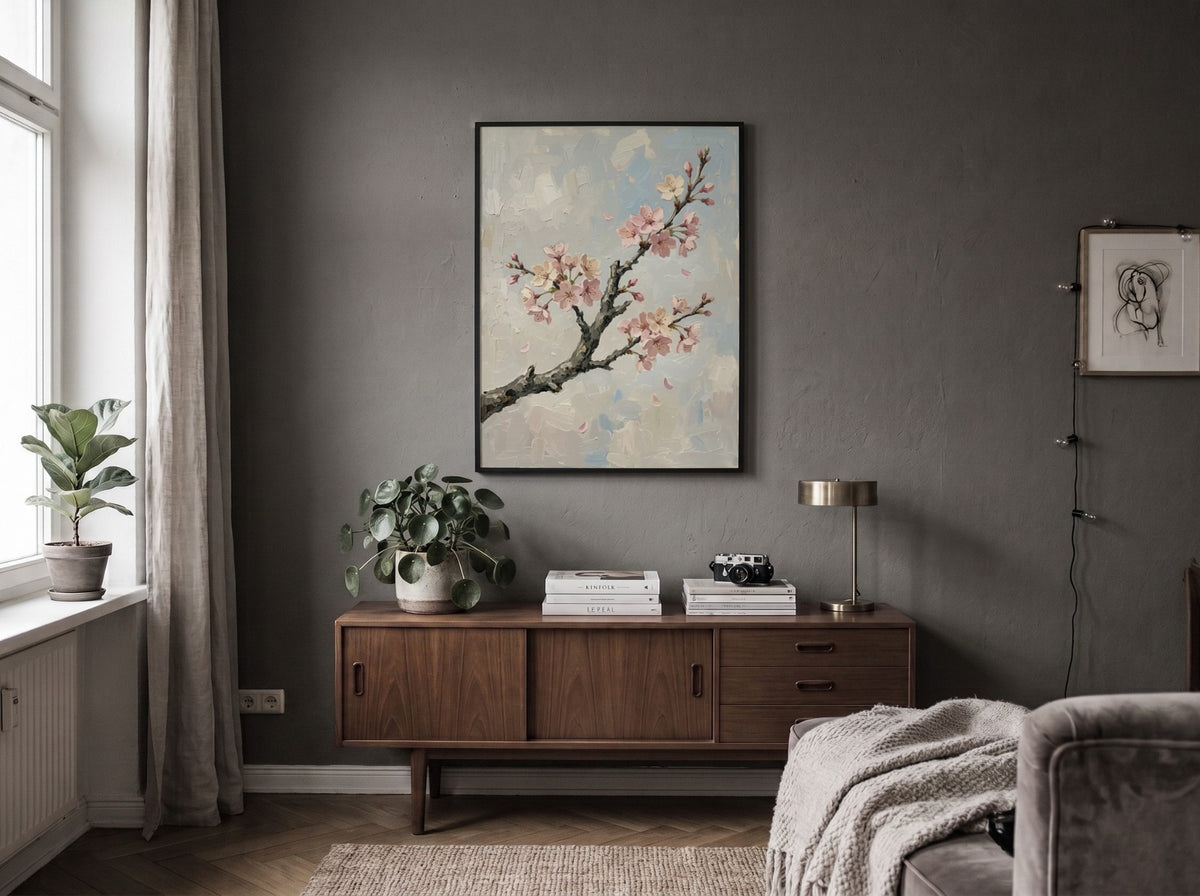 Cherry blossom poster featuring a textured branch with soft pink flowers on grey background.