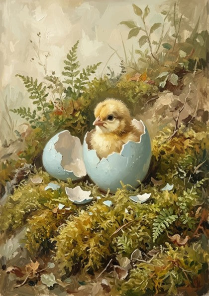 Poster of a fluffy yellow chick hatching from a blue egg in mossy woods.