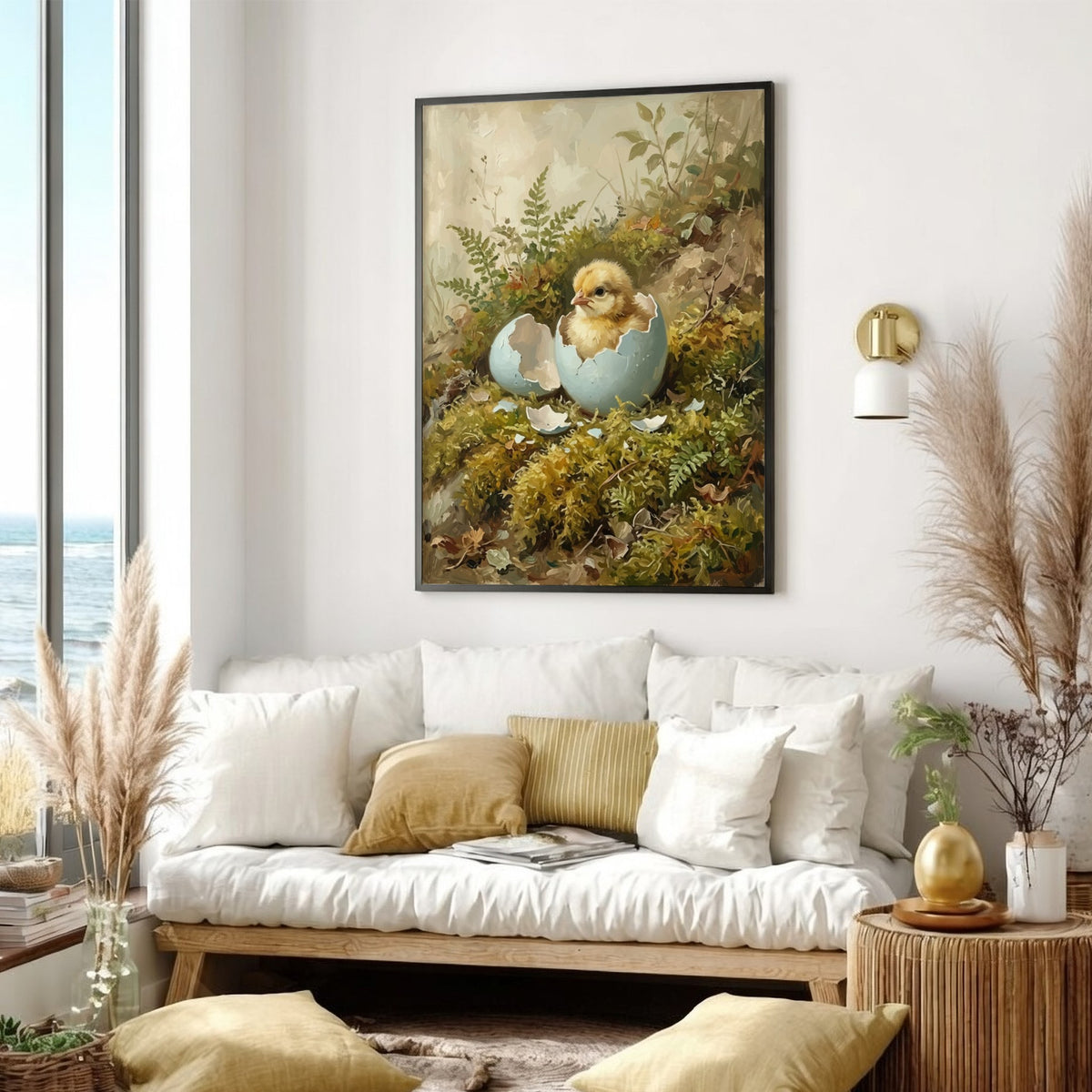 Poster of a fluffy yellow chick hatching from a blue egg in mossy woods.