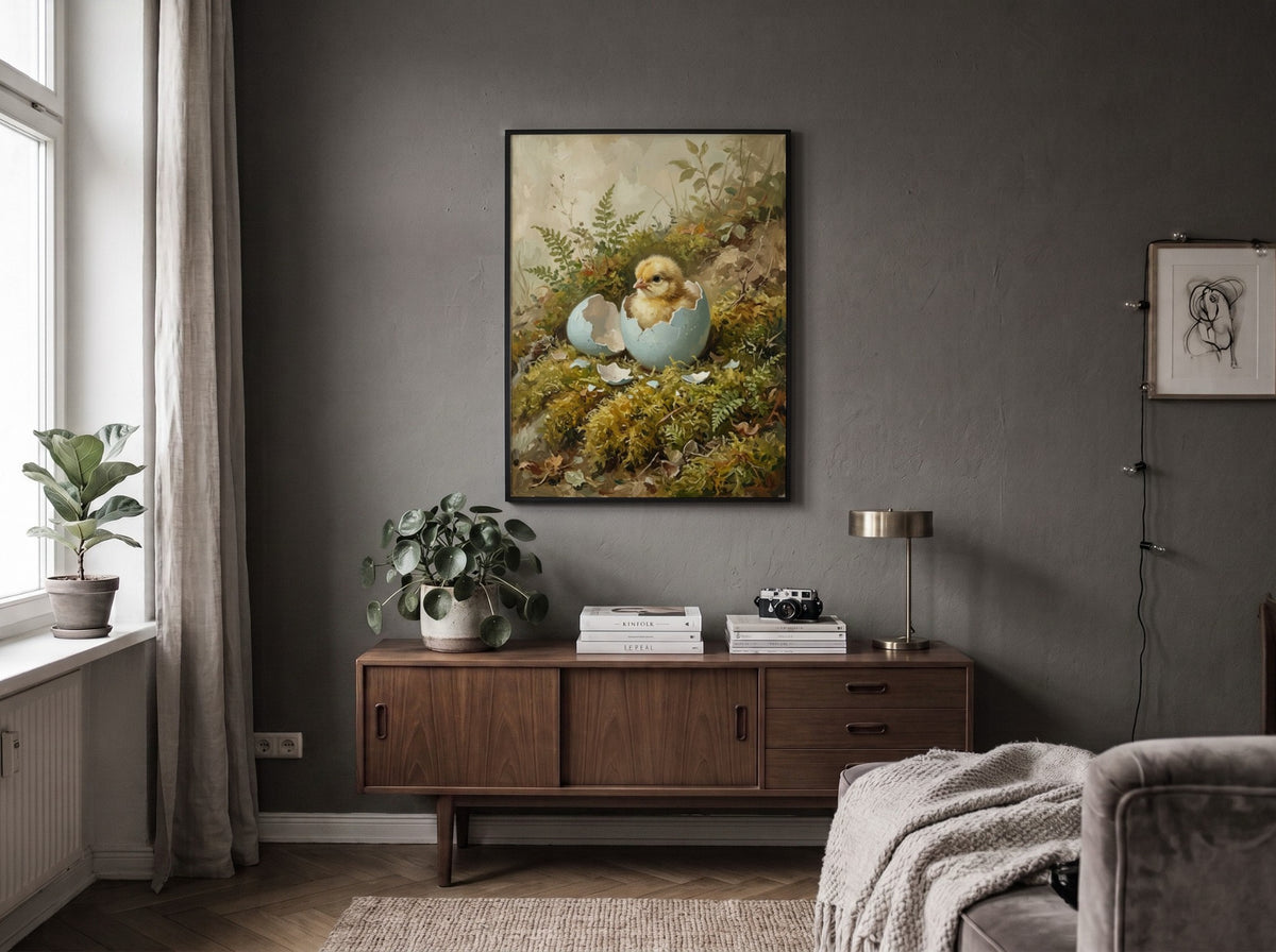 Poster of a fluffy yellow chick hatching from a blue egg in mossy woods.
