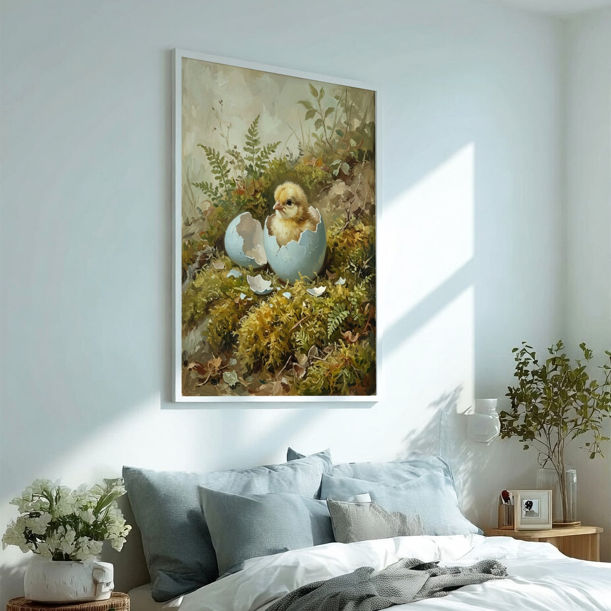 Poster of a fluffy yellow chick hatching from a blue egg in mossy woods.