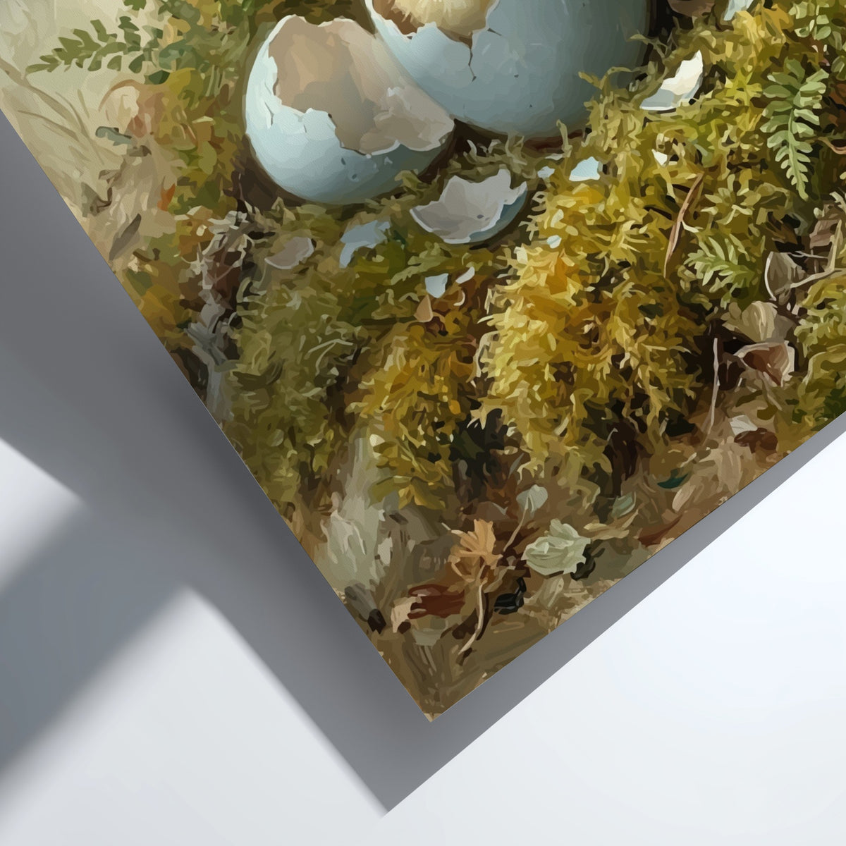 Poster of a fluffy yellow chick hatching from a blue egg in mossy woods.