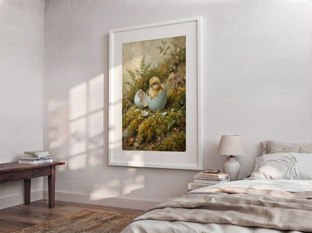 Poster of a fluffy yellow chick hatching from a blue egg in mossy woods.