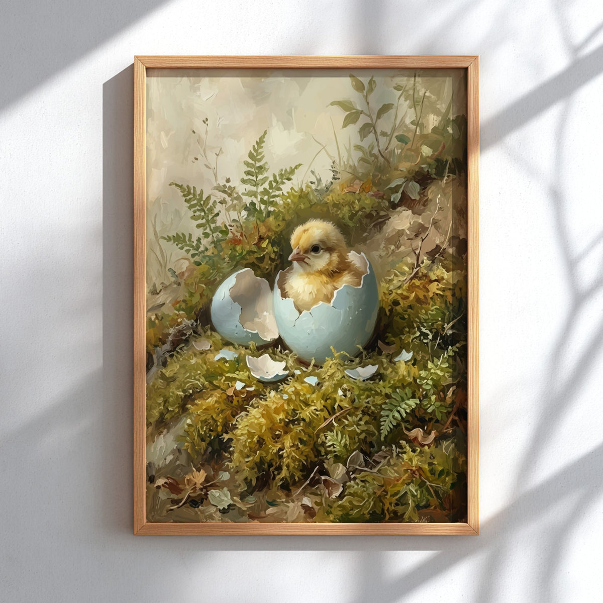 Poster of a fluffy yellow chick hatching from a blue egg in mossy woods.