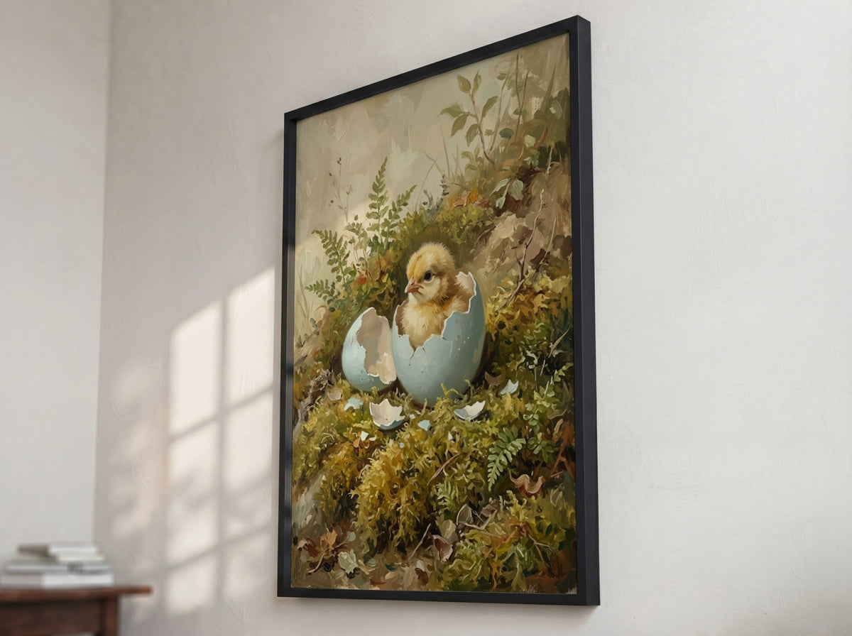 Poster of a fluffy yellow chick hatching from a blue egg in mossy woods.