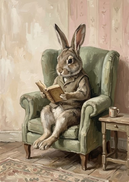 Poster of a brown rabbit wearing a vest sitting in a green armchair reading